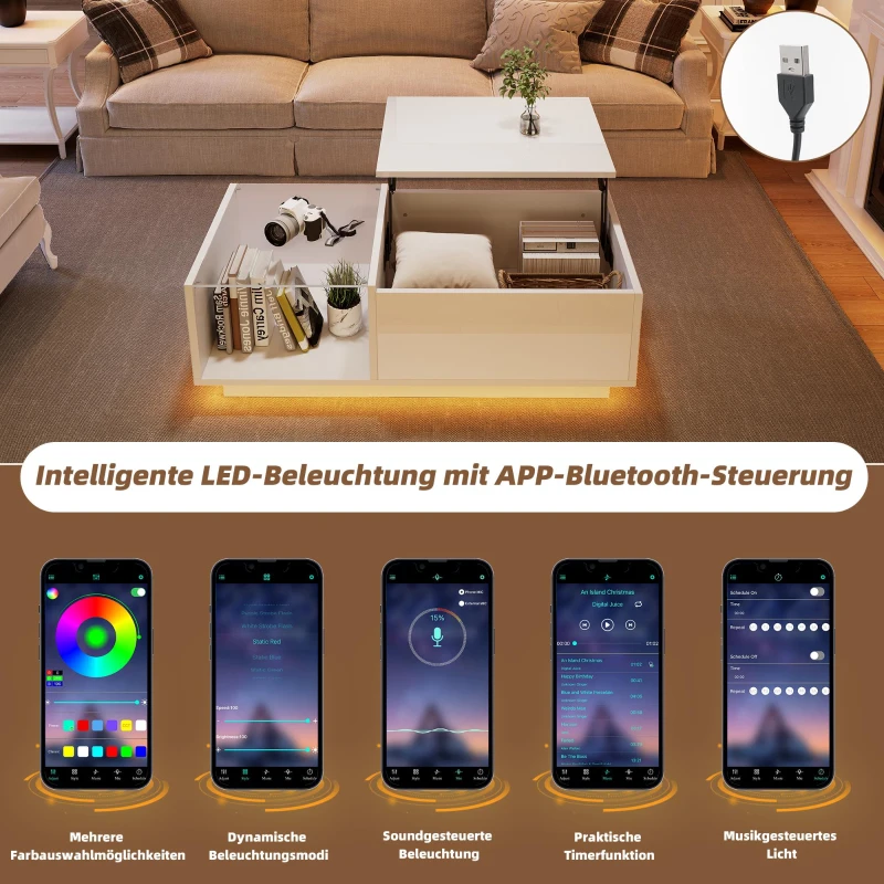 Lift-Up Coffee Table with Space-Saving Hidden and Open Storage, Desk with LED App-Controlled Lighting, 100L x 50W x 33H cm, White