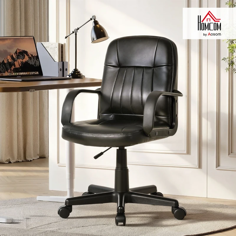 HOMCOM Executive Office Chair for Home, Mid Back PU Leather Computer Desk Chair for Adults with Arm, Wheels, Black