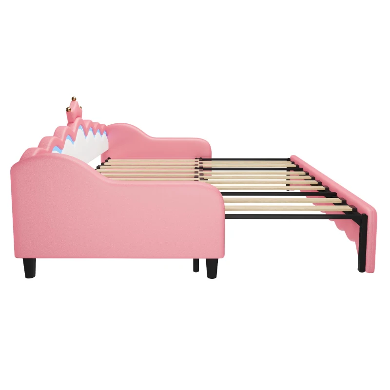 3ft Single Daybed with LED Headboard, App-controlled RGB Lighting, Bed Frame with Pull-out Trundle, 202L x 182W x 91H cm, Cream White+Pink