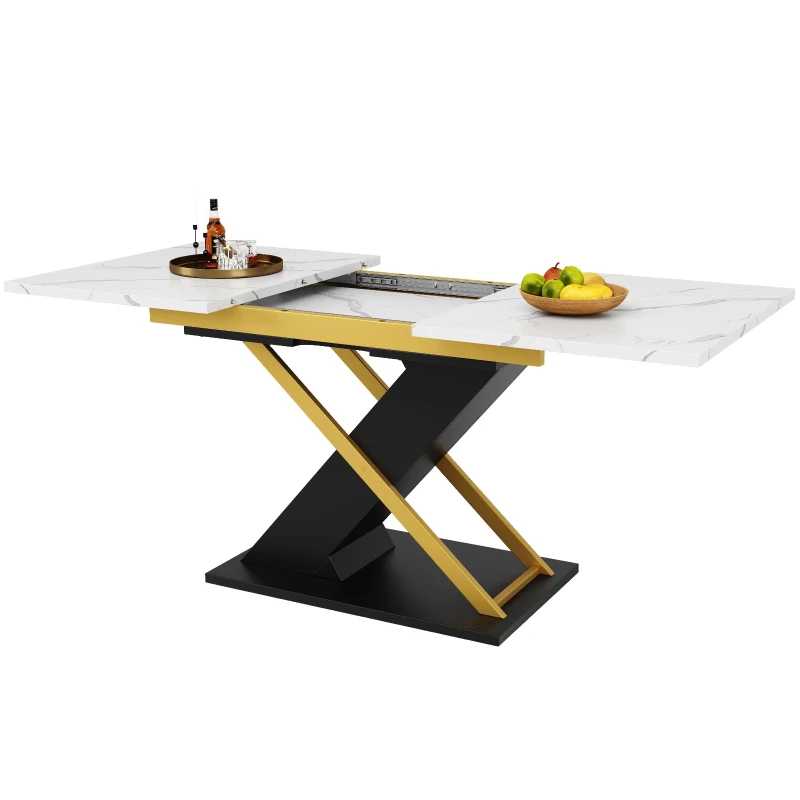 6–8 Seats Extendable Dining Table with Marble-Effect MDF Top, Kitchen Table with Metal Slide Rails, 120-160L x 80W x 75.5H cm, Black+Golden