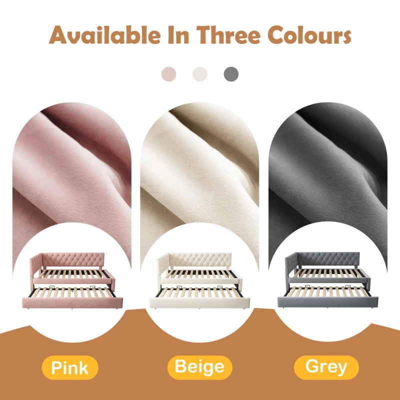 Upholstered Daybed with Pull-Out Trundle and Slatted Base, Space-Saving Velvet Single Sofa Bed for Adults and Kids, 202L x 105W x 83H cm, Pink