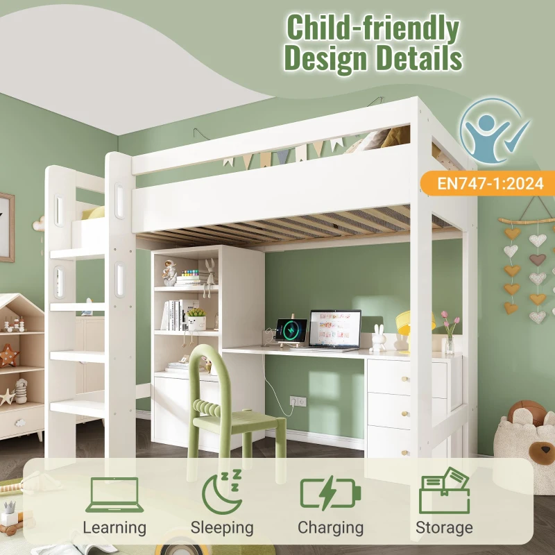 Kids' High Sleeper Loft Bed with Built-in Storage and Soft‑Close Drawers, Bunk Bed with USB/Type‑C Charging, 196L x 108W x 175H cm, White