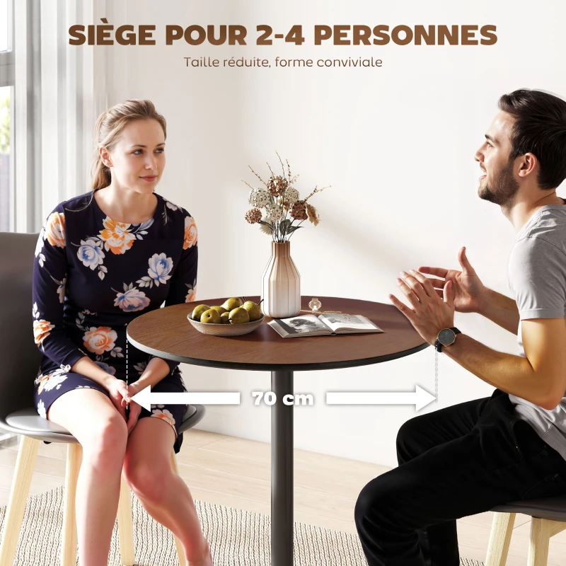 HOMCOM Table à manger ronde 70 cm pour 2 personnes avec plateau en placage de bois massif et piétement en acier marron