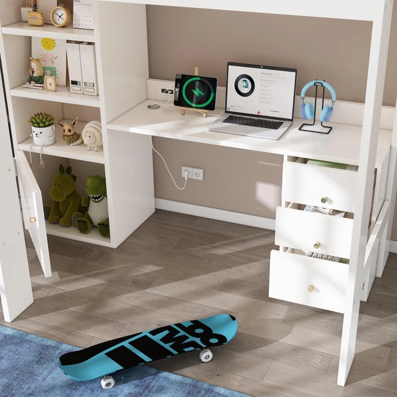Kids' High Sleeper Loft Bed with Built-in Storage and Soft‑Close Drawers, Bunk Bed with USB/Type‑C Charging, 196L x 108W x 175H cm, White