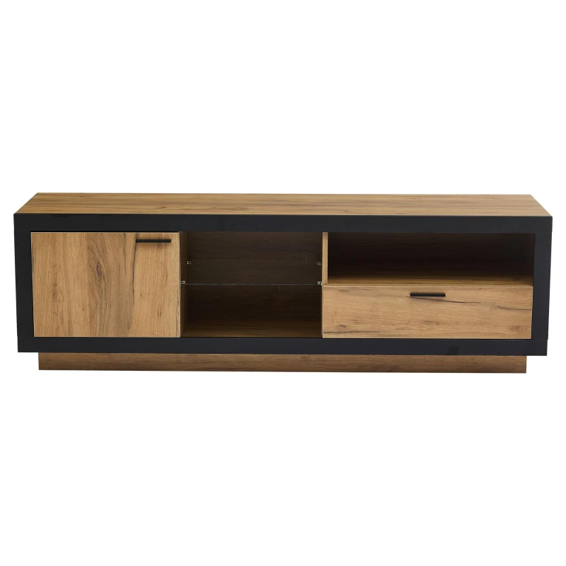 Modern TV Cabinet with App-Controlled LED Lights and USB Power, Media Cabinet with 3 Open Compartments, 160L x 40W x 50H cm, Wood