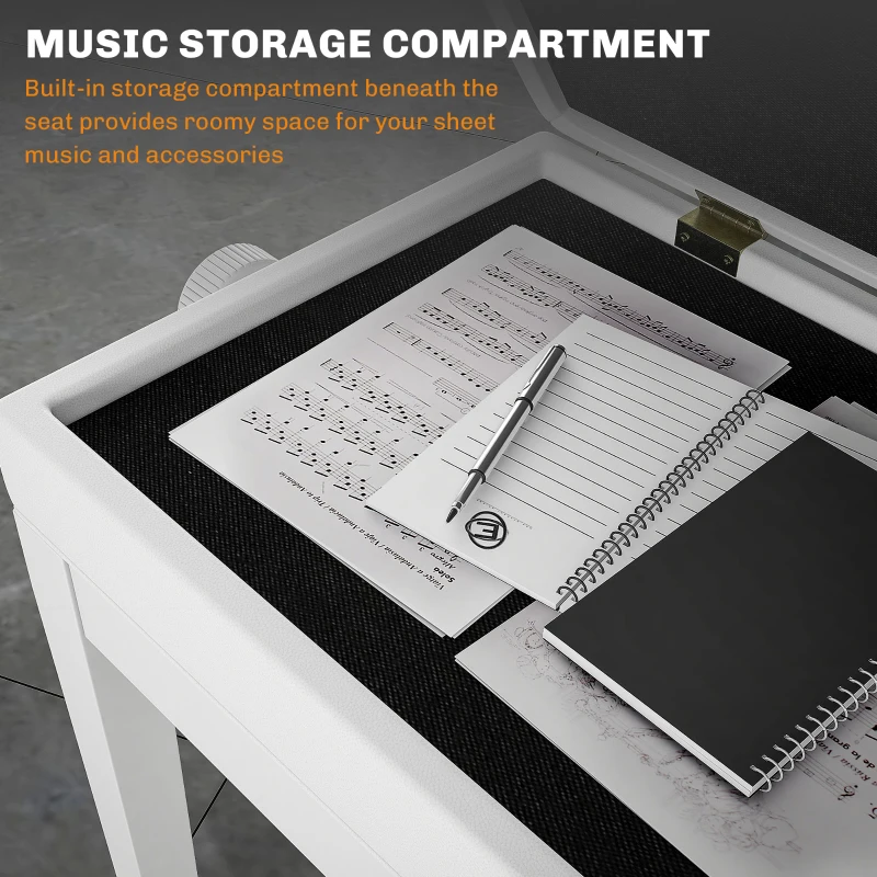 Scaun de Pian HOMCOM Reglabil cu Compartiment de Depozitare și Scaun Imbunătățit, 54.5x33x48-58 cm, Alb