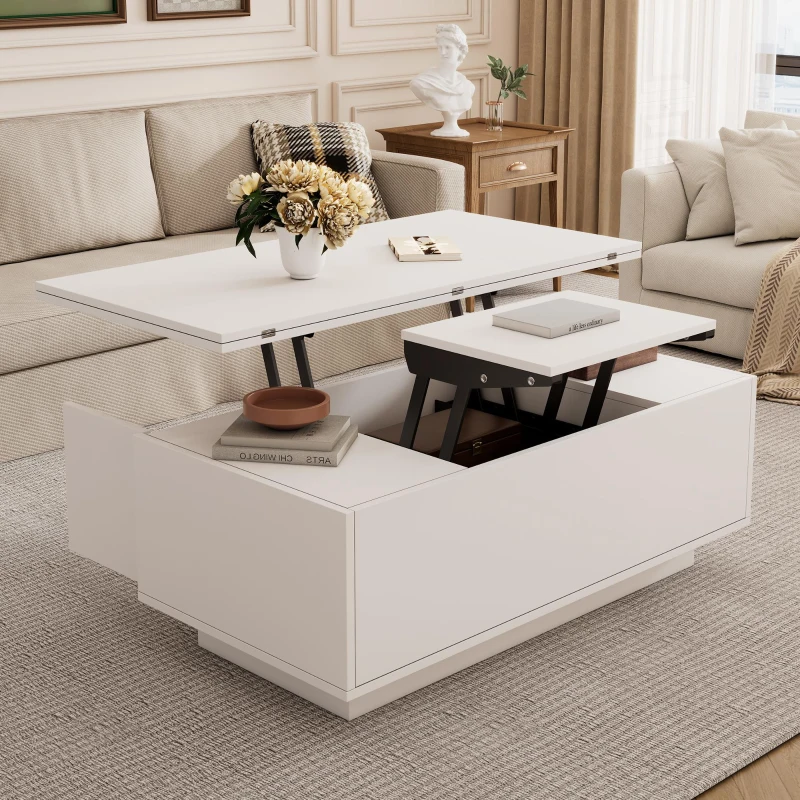 Lift-Up Coffee Table With 2 Doors, 2 Liftable Tops, 2 Cabinets, Particleboard Centre Desk With Hidden Storage, 100L x 50W x 55.5H cm, White