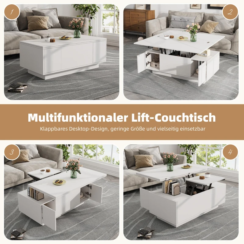 Lift-Up Coffee Table With 2 Doors, 2 Liftable Tops, 2 Cabinets, Particleboard Centre Desk With Hidden Storage, 100L x 50W x 55.5H cm, White