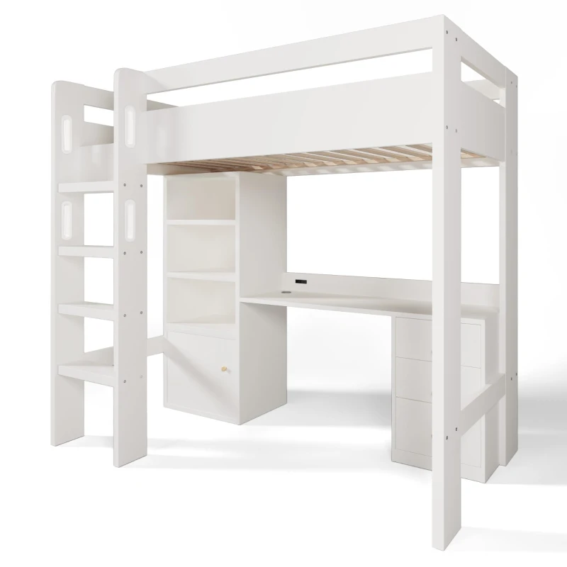 Kids' High Sleeper Loft Bed with Built-in Storage and Soft‑Close Drawers, Bunk Bed with USB/Type‑C Charging, 196L x 108W x 175H cm, White