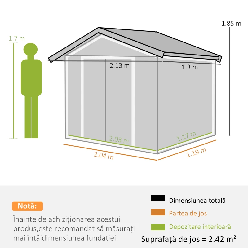 Outsunny Magazie Gradina Metal cu Uși Glisante pentru Familie, 213x130x185 cm, Gri(m-15)