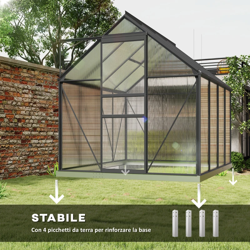 Outsunny Serra in Policarbonato e Alluminio con Finestra Apribile e Porta Scorrevole, 190x253x199 cm, Grigio Scuro