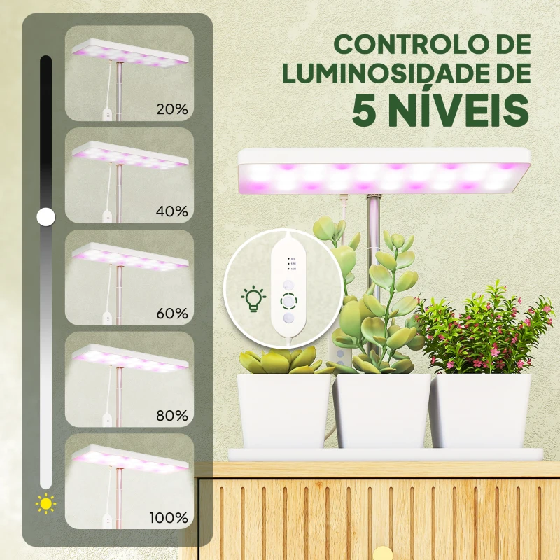 Outsunny Luz de Crescimento com 30 LED de Espectro Completo Ajustável em Altura com Temporizador Automático 8/12/16/24H 5 Níveis de Brilho e 3 Vasos 31,8x13,4x18,6-35,6 cm Branco