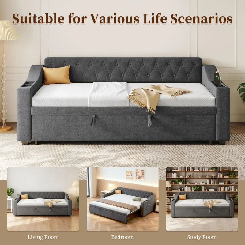 3-in-1 Upholstered Sofa Daybed with USB and Type-C Charging Station, Bed Frame with Built-In Armrest Storage, 217L x 191W x 81H cm, Grey