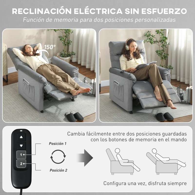 HOMCOM Sillón Relax Reclinable Eléctrico con Calor Lumbar Masaje Vibración Motor Silencioso Función de Memoria Gris
