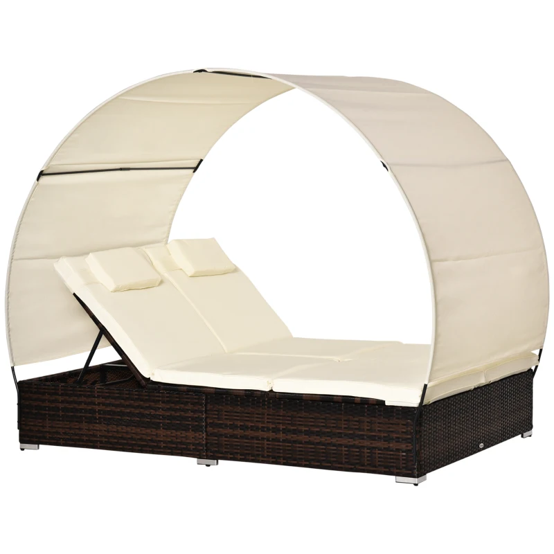 Outsunny Lit de jardin modulable bain de soleil 2 places grand confort pare-soleil amovible matelas tétière crème résine tressée 4 fils chocolat