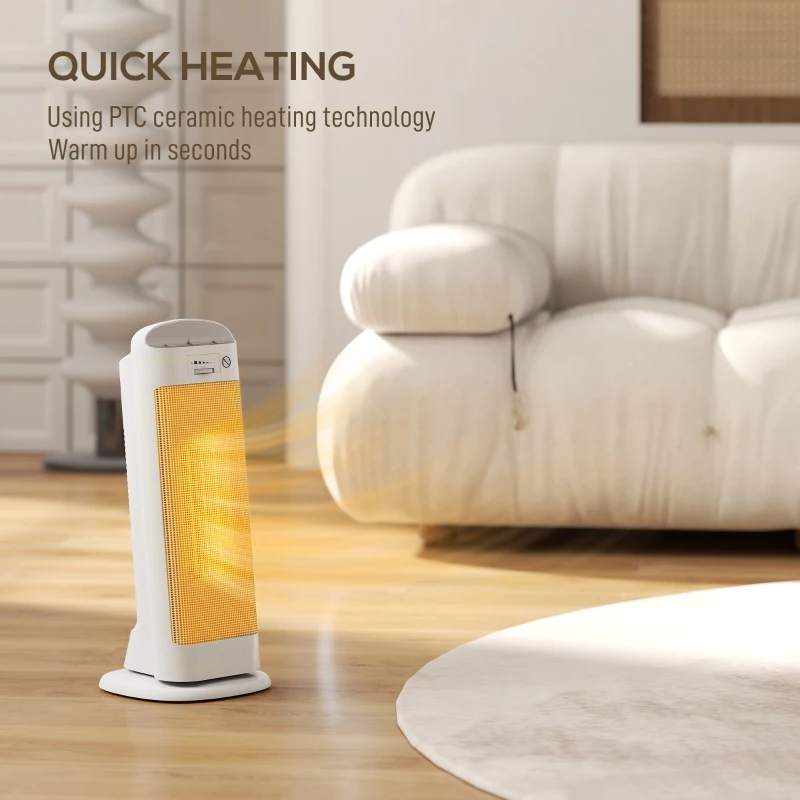 HOMCOM Sobă Electrică Ceramică 2000W, 4 Moduri și Încălzire Reglabilă, Oscilație 55°, Alb