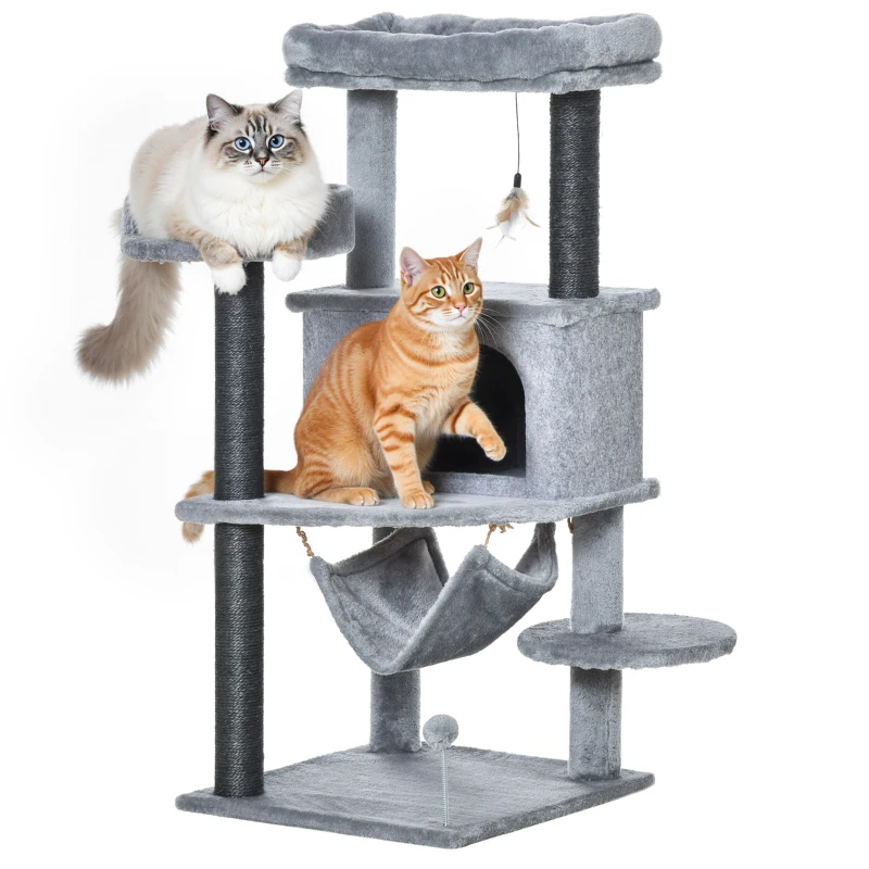 PawHut Arbore Răzuitoare pentru Pisici 48x48x107 cm Turn pentru Pisici cu Cavernă de Fetru Demontabilă Hamacă Paturi Platforme Gri