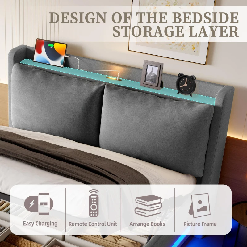 Modern Upholstered Bed with Dual USB‑C Ports and LED Lighting, Bed Frame with Hydraulic Lift Storage, 152.5L x 210W x 114H cm, Dark Gray