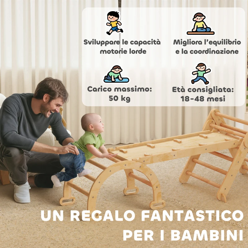 AIYAPLAY Gioco per Bambini 5 in 1 con Triangolo, Parete Liscia e Arco, in Legno di Pioppo e Pino, 188x70x59 cm