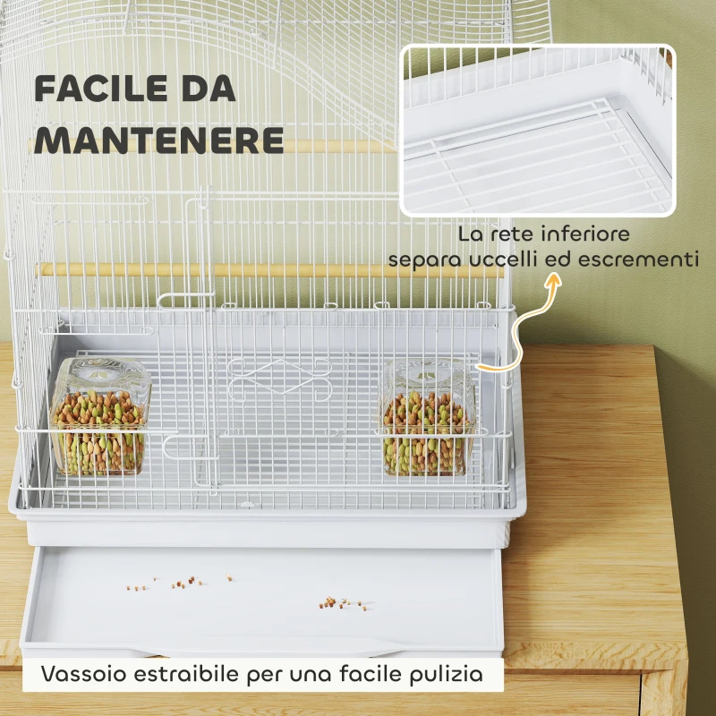 PawHut Gabbia per Uccelli a 4 Porte con 2 Ciotole, 2 Posatoi e Vassoio, in Metallo e Plastica, 47.5x36x54.5 cm, Bianco