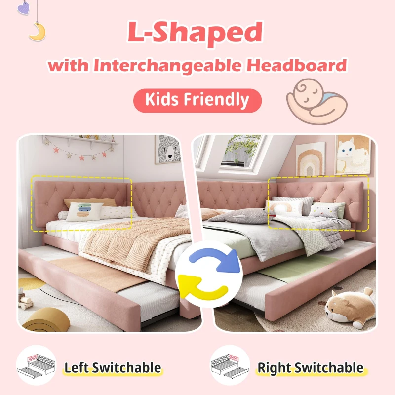 Upholstered Daybed with Pull-Out Trundle and Slatted Base, Space-Saving Velvet Single Sofa Bed for Adults and Kids, 202L x 105W x 83H cm, Pink