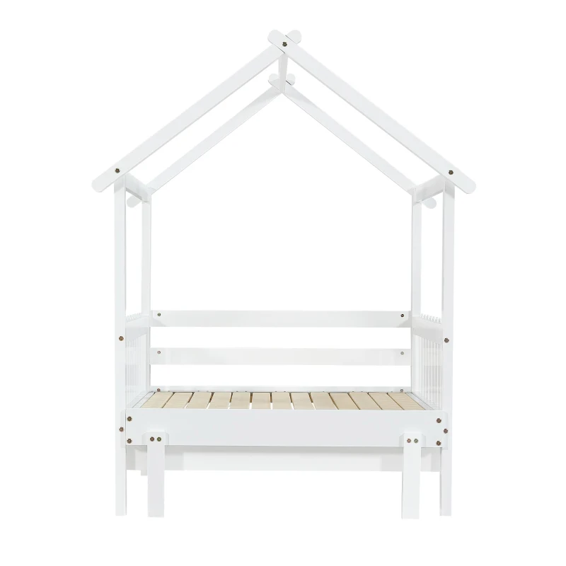 3ft Single Wooden Bed with Pull-Out Trundle and Sturdy Plywood Slats, Versatile Bed Frame for Bedrooms, 197L x 107.5W x 139H cm, White