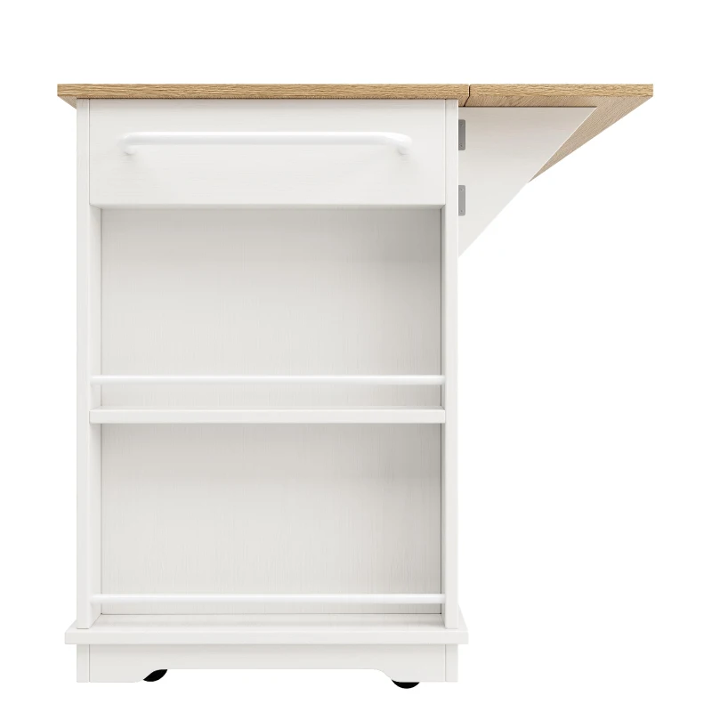 Modern Kitchen Island and Serving Trolley with MDF Worktop, Extendable Fold‑out Dining Table with Drawer, 151.5L x 60W x 91.5H cm, White