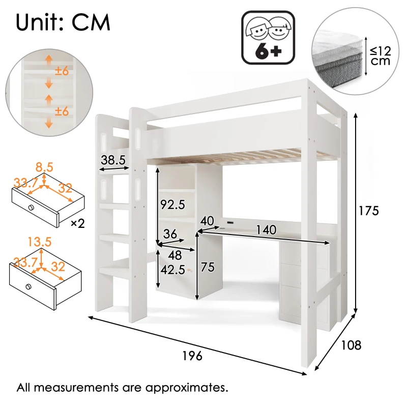 Kids' High Sleeper Loft Bed with Built-in Storage and Soft‑Close Drawers, Bunk Bed with USB/Type‑C Charging, 196L x 108W x 175H cm, White