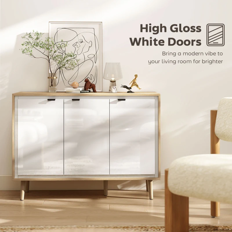 HOMCOM Bufet Modern cu 3 Uși și Raft Reglabil 107x35x77cm Alb și Stejar