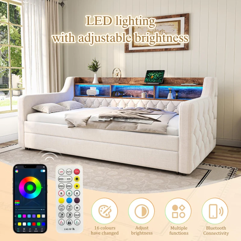 Space-Saving Sofa Bed with Adjustable LED Lighting and USB-C Port, Bed Frame with Built-in Storage Shelf, 201L x 107W x 75H cm, Beige