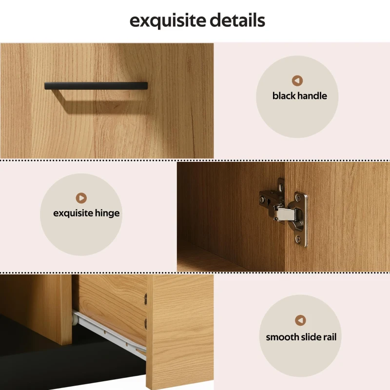 Modern TV Cabinet with 3 Doors, Drawer and 2 Open Glass Compartments, TV Stand with Solid Wooden Legs, 180L x 37W x 45H cm, Black+Wood