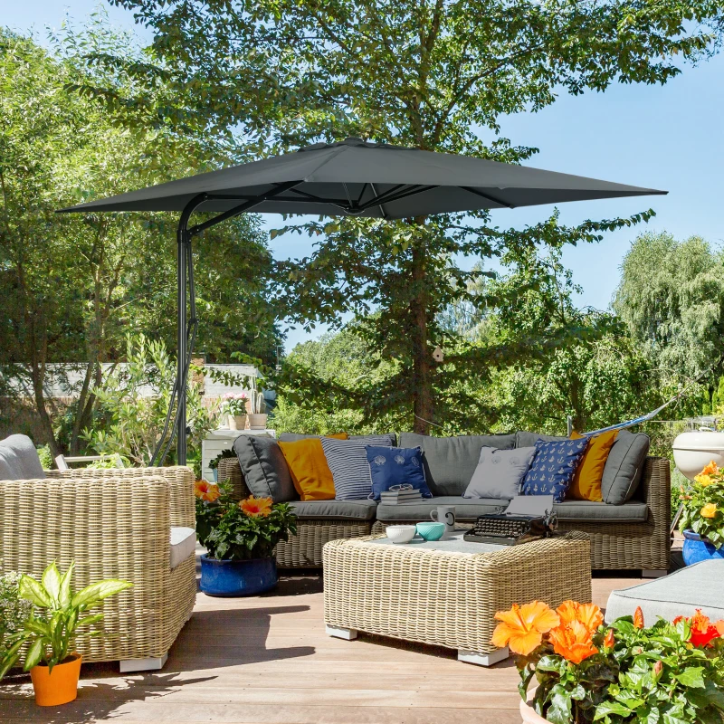 Outsunny Parasol déporté carré 2,5 x 2,5 m, parasol de jardin extérieur protection UV base croisée incluse gris foncé
