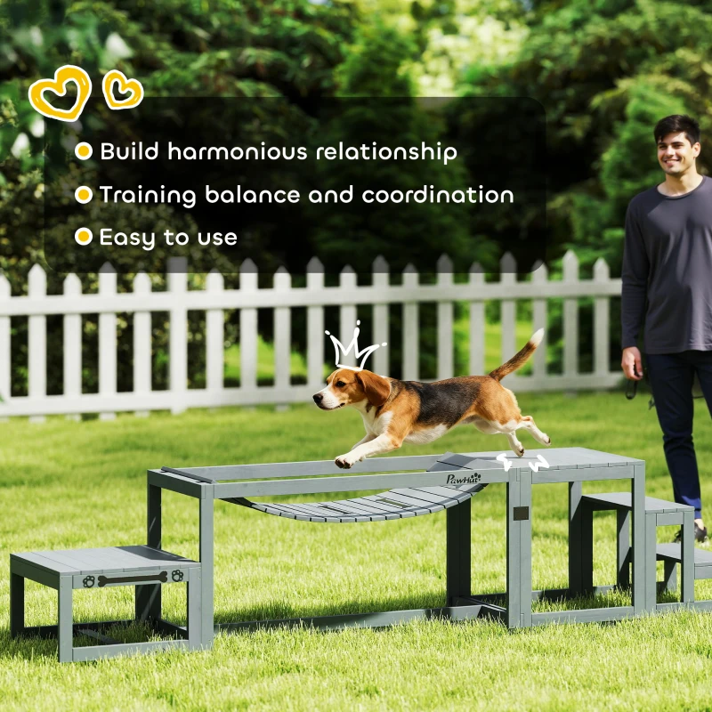 PawHut 3 Pieces Wooden Dog Agility Training Equipment with Soft Bridge, Pause Platform and Pet Stair for Outdoor, Grey