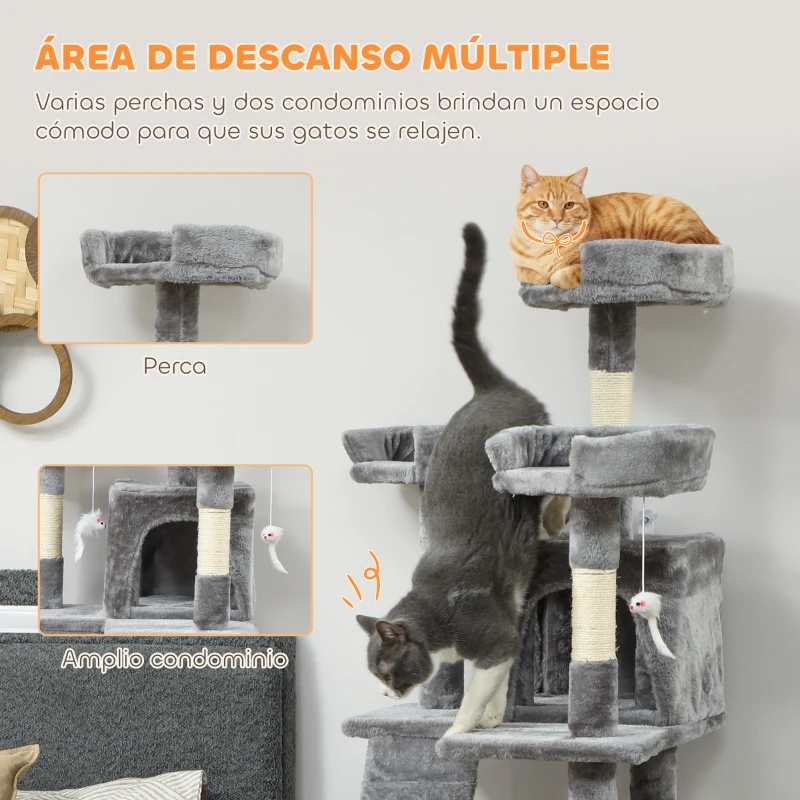 PawHut Árbol Rascador para Gatos Árbol para Gatos 153 cm con 2 Cuevas 3 Camas 2 Rampas Postes de Sisal Ratones Colgantes Gris