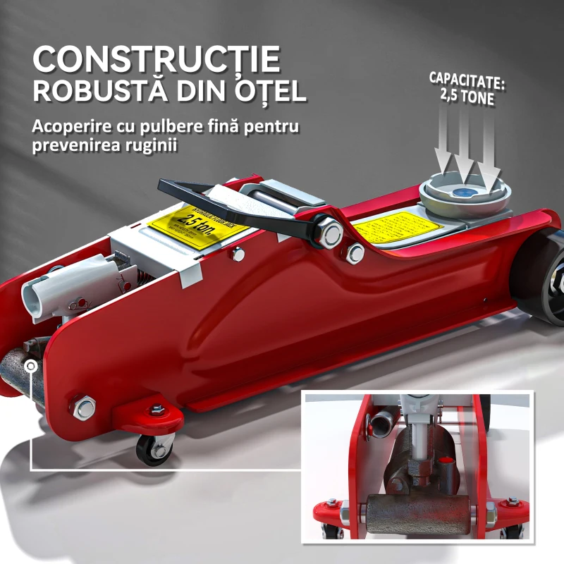 HOMCOM Cric Hidraulic cu Profil Jos, Cric Auto din Oțel Ranforsat cu Capacitate de 2,5 Tone, 56x20x8-38 cm, Roșu