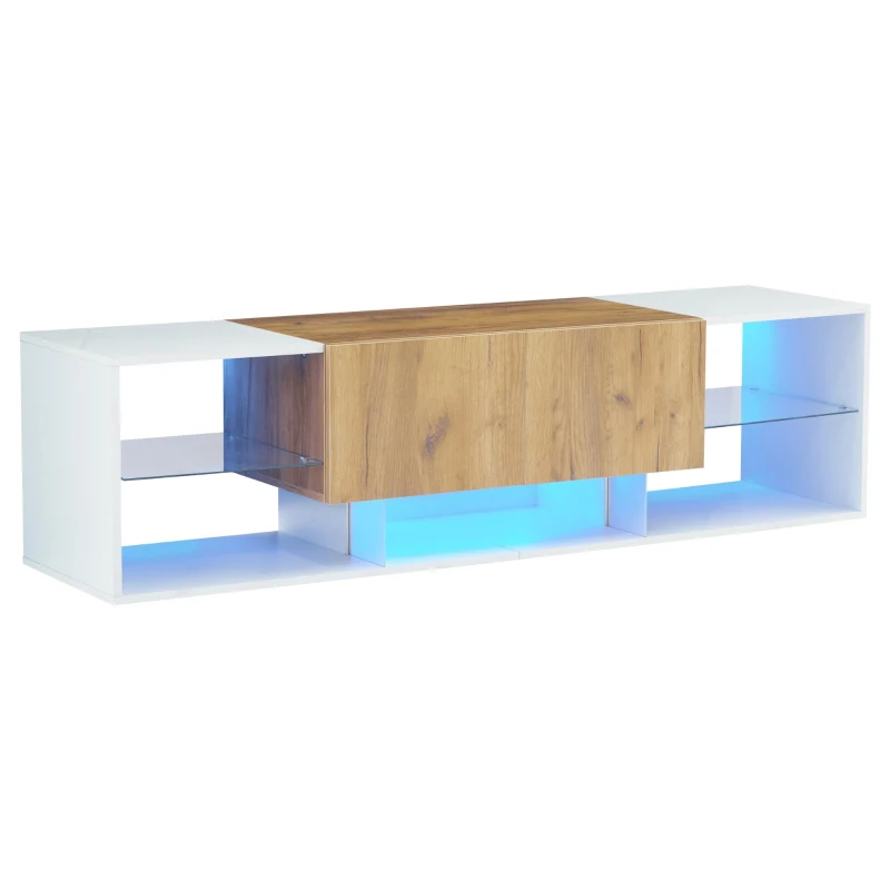 Modern TV Stand with 2 Drawers and 5 Open Compartments, TV Cabinet with App-controlled LED Lights, 160L x 40W x 42H cm, White+Wood