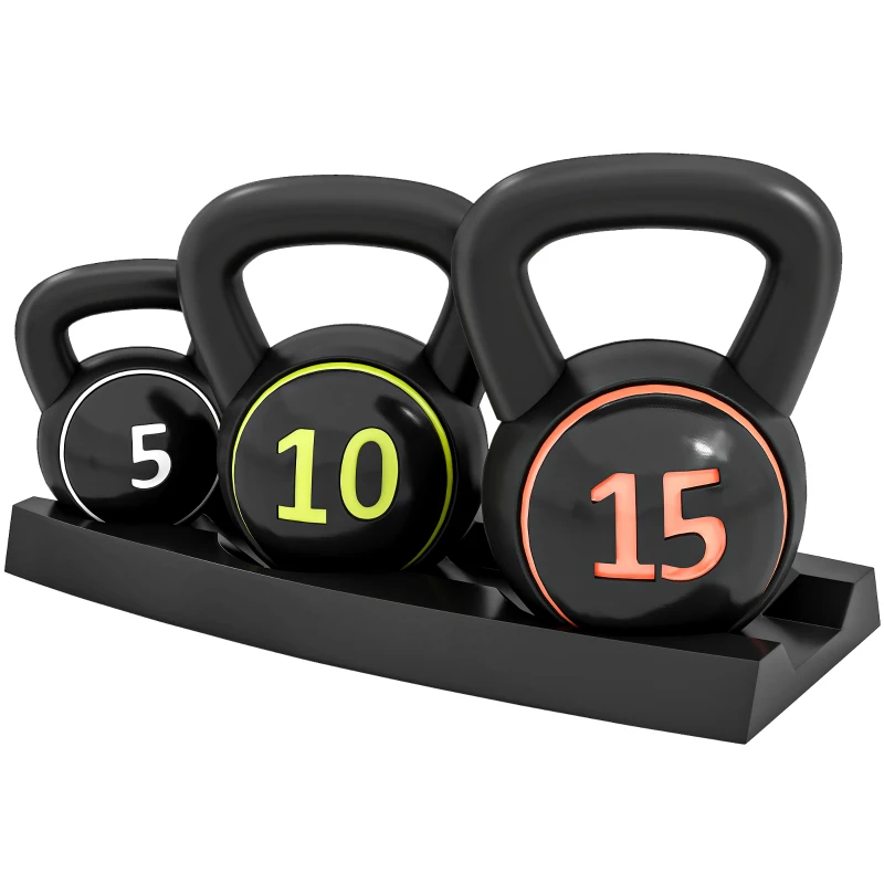 SPORTNOW Set 3 Kettlebell de 2.2 kg, 4.5 kg și 6.8 kg cu Suport pentru Greutăți, din Plastic și Nisip, Negru