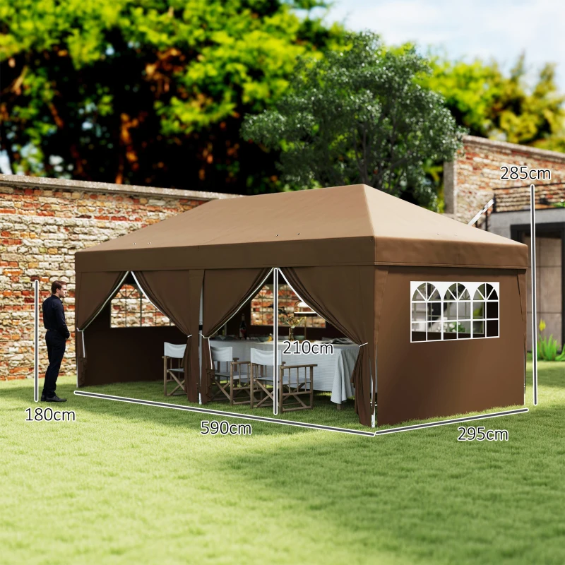 Outsunny Carpa Plegable 6x3 m Gazebo con 6 Paredes Laterales Impermeable Anti-UV y Bolsa de Transporte para Camping Fiesta Café