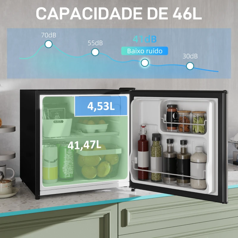 HOMCOM Mini Frigorífico Silencioso 46L Classe F com Temperatura Ajustável e Porta Reversível 48x44x49 cm Prata