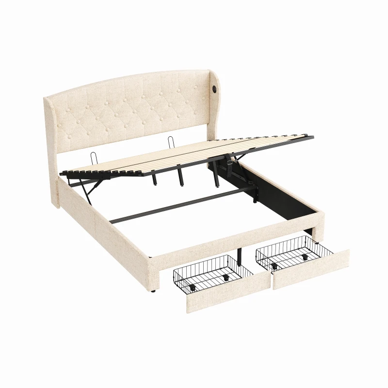 Double Upholstered Ottoman Bed with USB & Type-C Charging Station, Bed Frame with 2 Storage Drawers, 200L x 144W x 116H cm, Beige