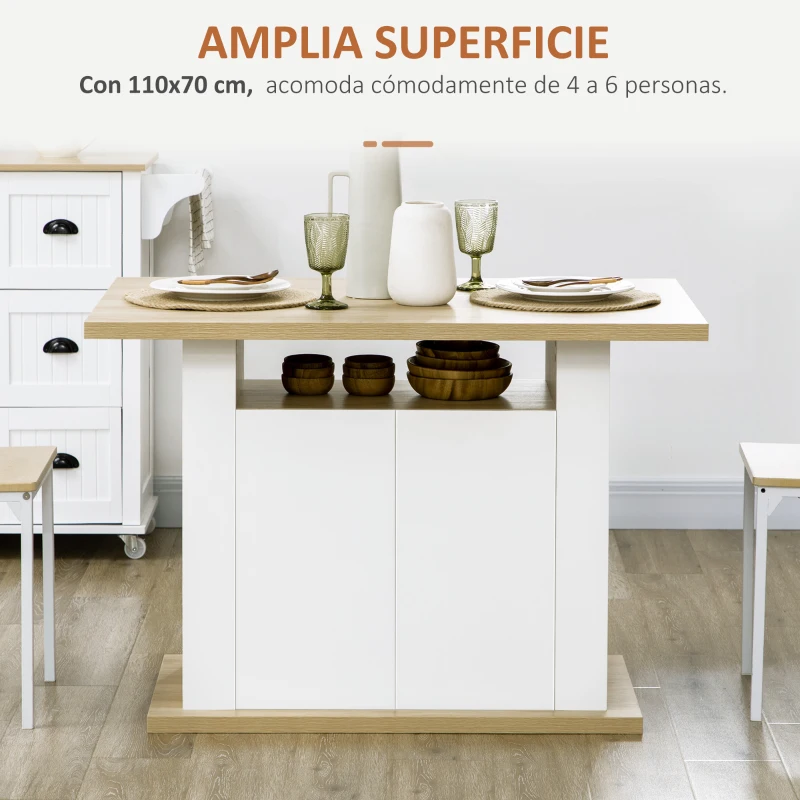 HOMCOM Isla de Cocina para 4-6 Personas con 4 Puertas Compartimentos Abiertos Estante Ajustable 110x70x75,5 cm Roble y Blanco