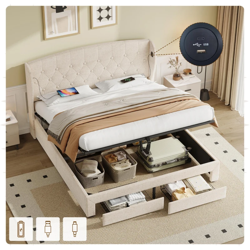 Double Upholstered Ottoman Bed with USB & Type-C Charging Station, Bed Frame with 2 Storage Drawers, 200L x 144W x 116H cm, Beige
