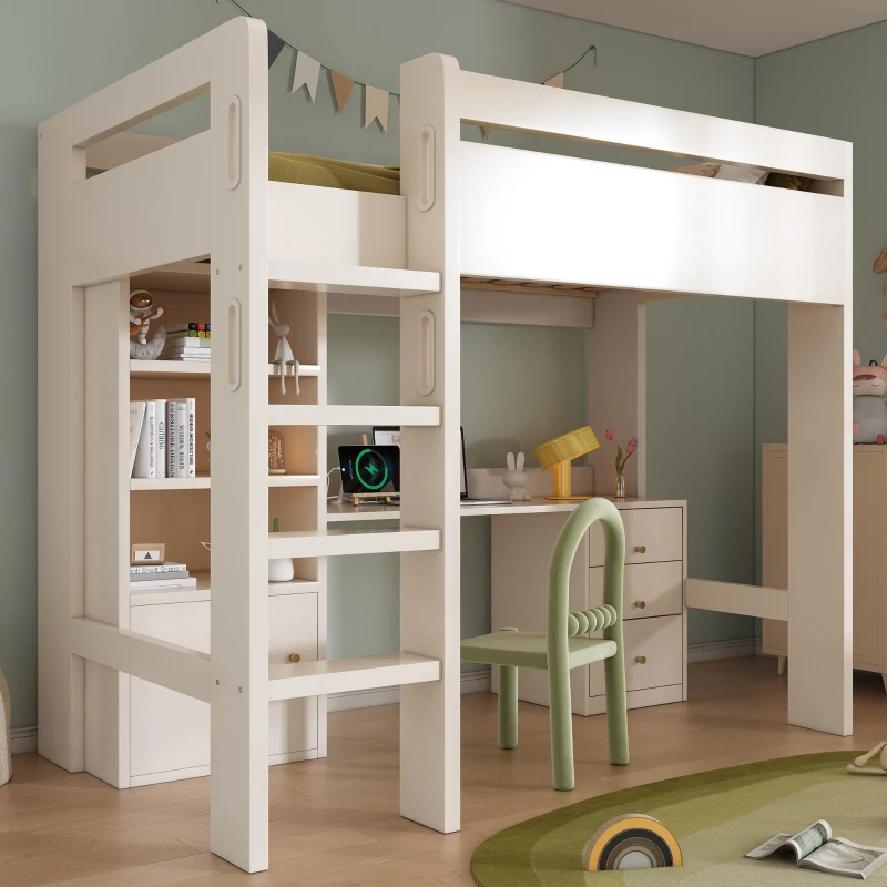 Kids' High Sleeper Loft Bed with Built-in Storage and Soft‑Close Drawers, Bunk Bed with USB/Type‑C Charging, 196L x 108W x 175H cm, White
