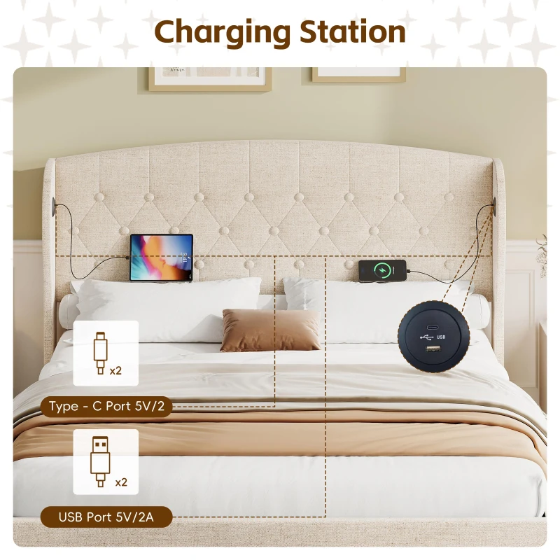 Double Upholstered Ottoman Bed with USB & Type-C Charging Station, Bed Frame with 2 Storage Drawers, 200L x 144W x 116H cm, Beige