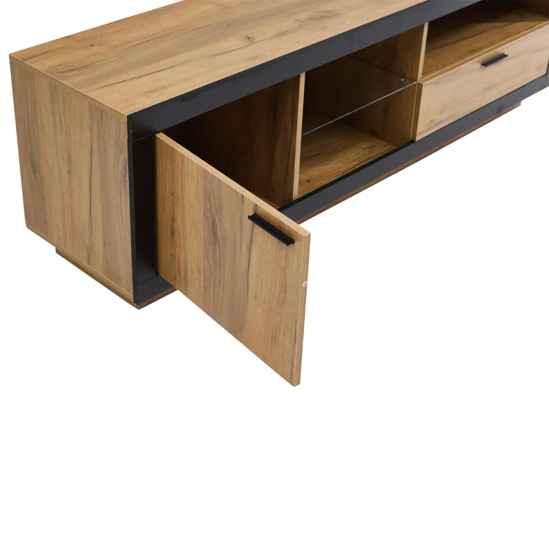 Modern TV Cabinet with App-Controlled LED Lights and USB Power, Media Cabinet with 3 Open Compartments, 160L x 40W x 50H cm, Wood