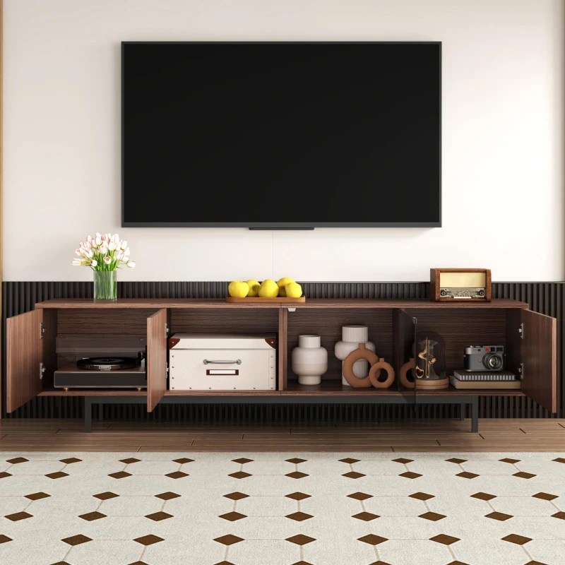 Modern TV Cabinet Lowboard with Carved Texture and Tempered Glass Doors, MDF and Particle Stand with Metal Frame, 200L x 35W x 53H cm, Wood