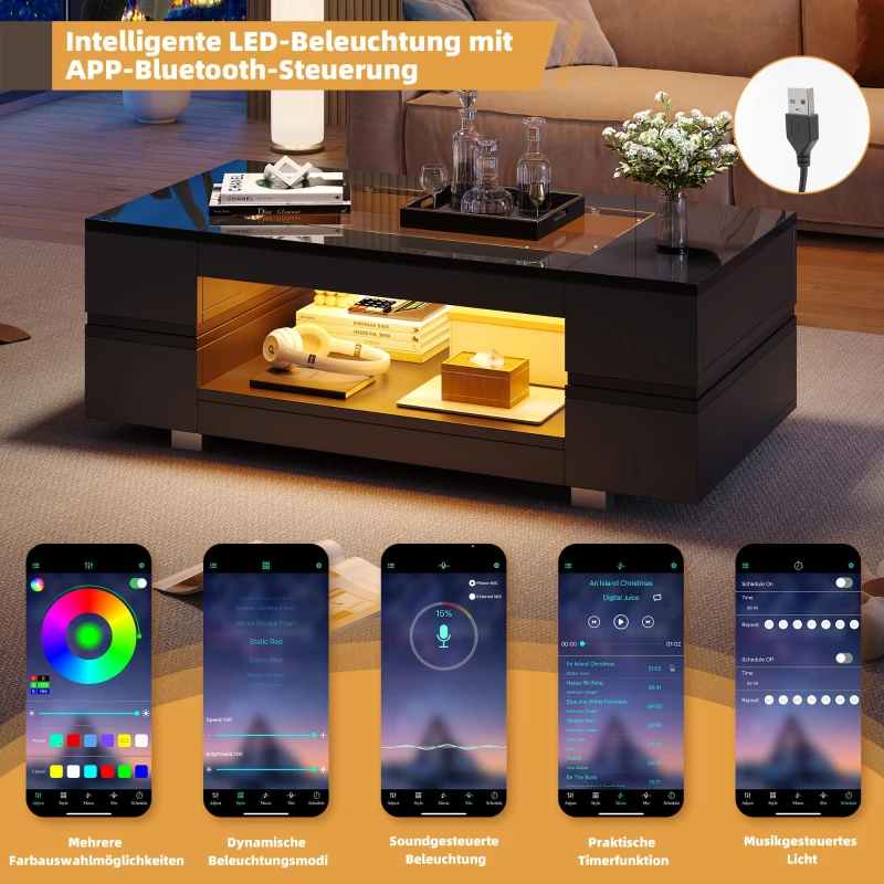 Modern LED Hollow Coffee Table with App-Controlled Light Strip, Desk with High-Gloss Toughened Glass Top, 100L x 50W x 35H cm, Black