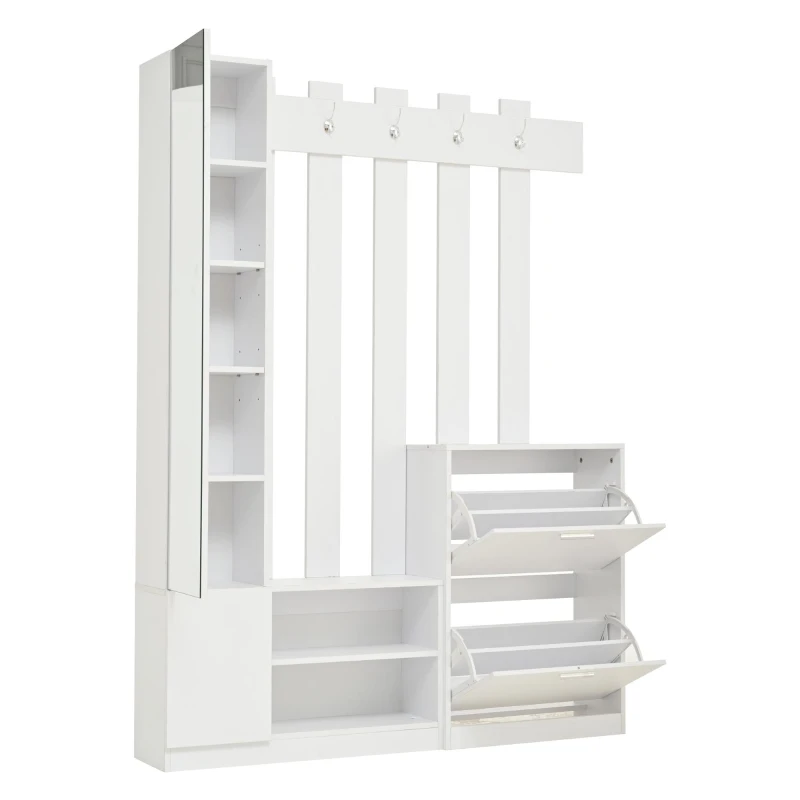 5‑in‑1 Space-Saving Entryway Storage with Coat Hooks, Hall Tree Coat Rack with Shoe Bench, Full-Length Mirror, 135L x 25W x 180H cm, White