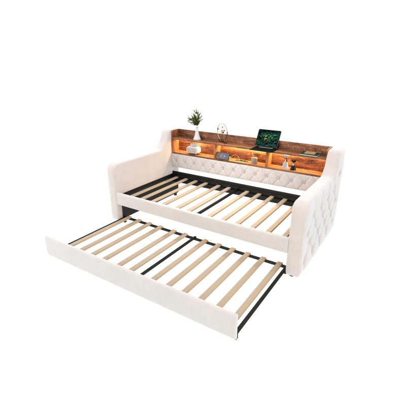 Space-Saving Sofa Bed with Adjustable LED Lighting and USB-C Port, Bed Frame with Built-in Storage Shelf, 201L x 107W x 75H cm, Beige