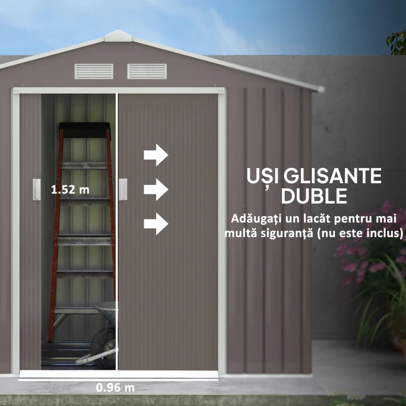 Outsunny Magazie Gradina Metal cu Uși Glisante pentru Familie, 213x130x185 cm, Gri(m-17)